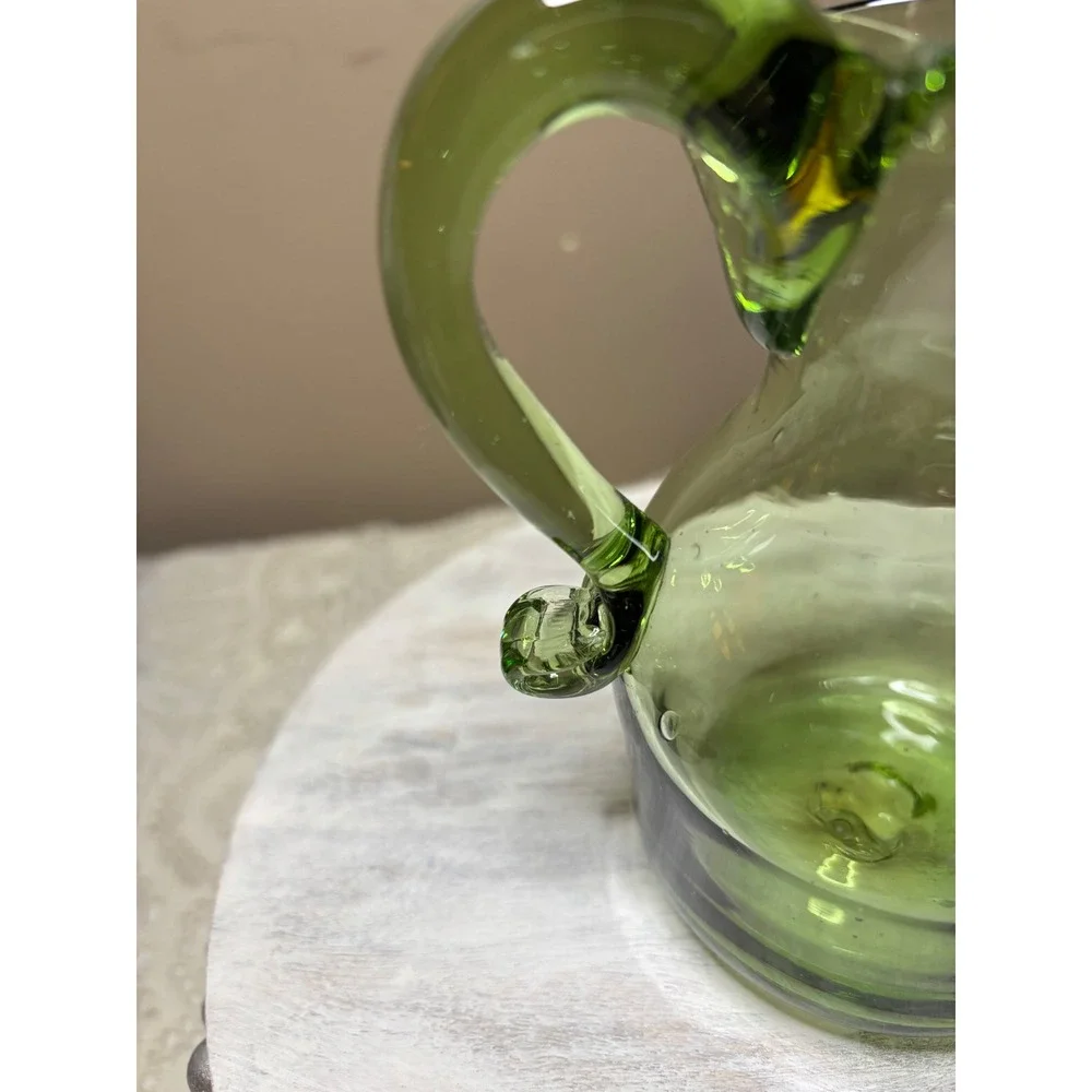Vintage Hand Blown Green Glass Mini Pitcher Applied Handle Seed Bubbles Creamer